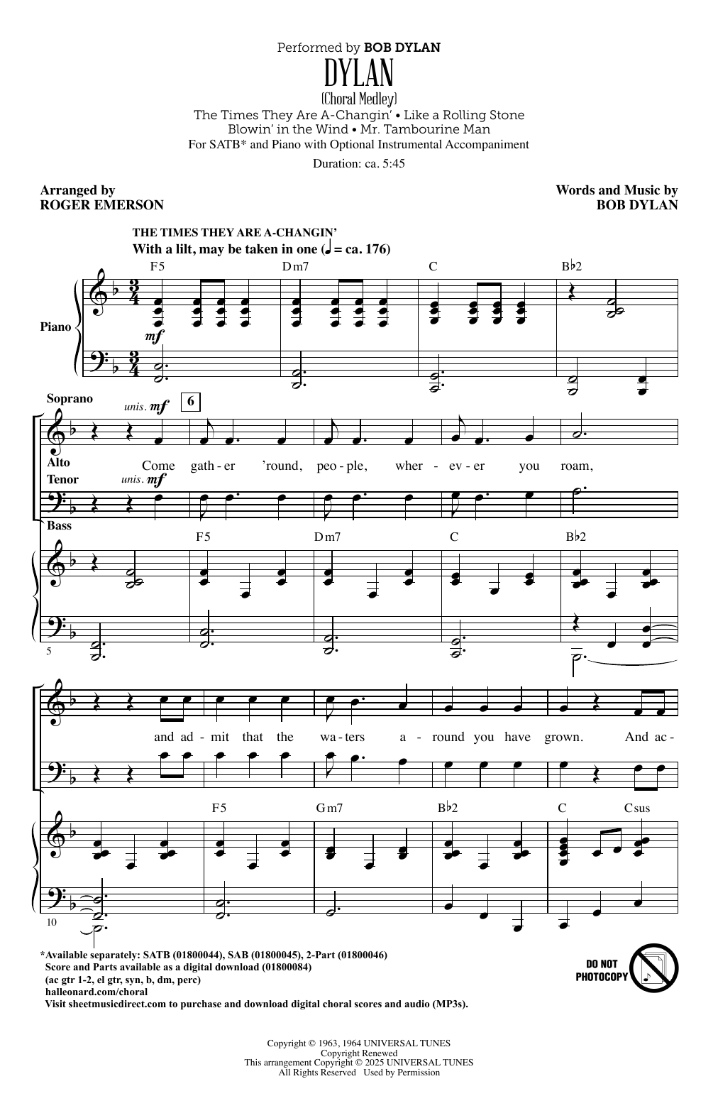 Bob Dylan Dylan (Choral Medley) (arr. Roger Emerson) Sheet Music Notes & Chords for SAB Choir - Download or Print PDF