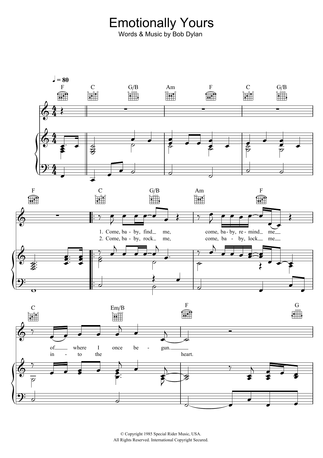 Bob Dylan Emotionally Yours Sheet Music Notes & Chords for Piano, Vocal & Guitar (Right-Hand Melody) - Download or Print PDF