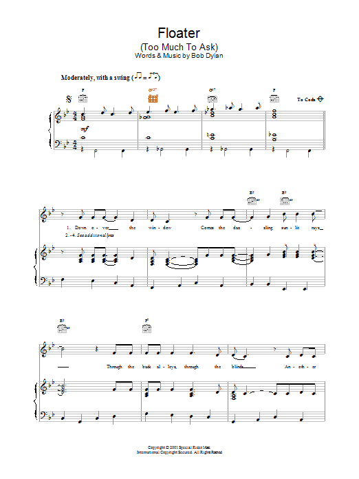 Bob Dylan Floater Sheet Music Notes & Chords for Piano, Vocal & Guitar (Right-Hand Melody) - Download or Print PDF
