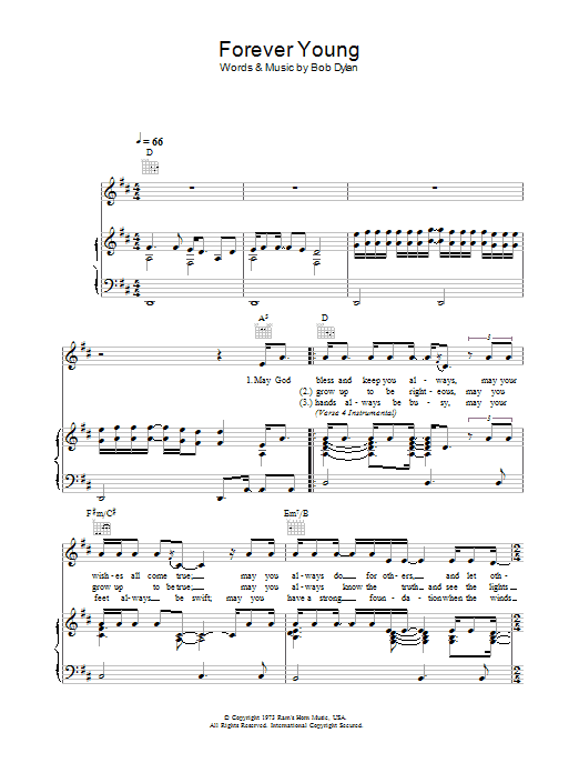Bob Dylan Forever Young Sheet Music Notes & Chords for Piano, Vocal & Guitar (Right-Hand Melody) - Download or Print PDF