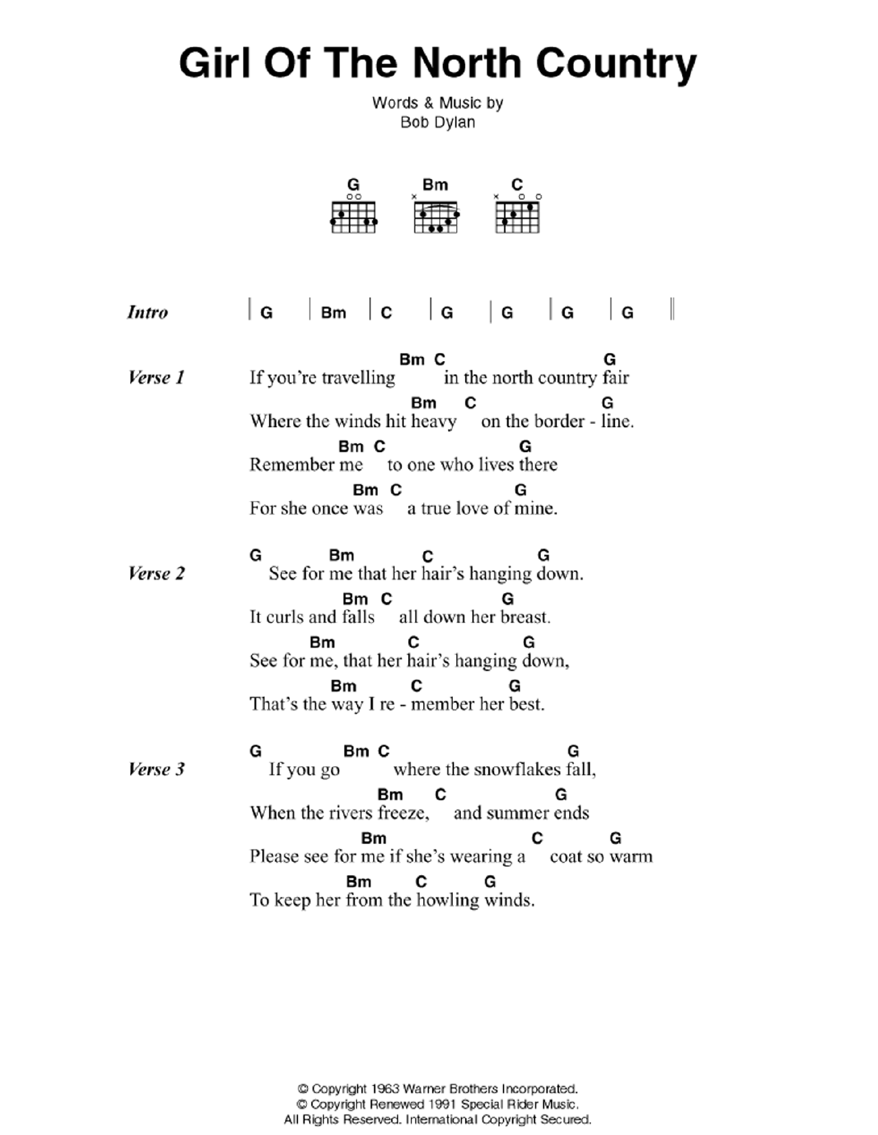 Bob Dylan Girl Of The North Country Sheet Music Notes & Chords for Guitar Chords/Lyrics - Download or Print PDF