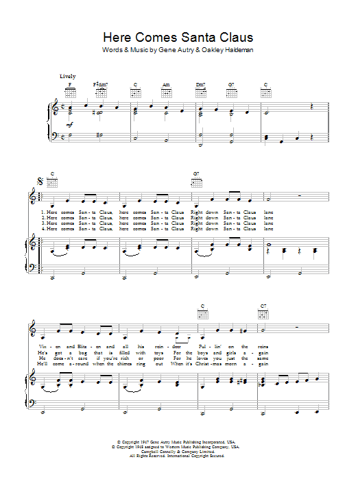 Bob Dylan Here Comes Santa Claus (Right Down Santa Claus Lane) Sheet Music Notes & Chords for Piano, Vocal & Guitar (Right-Hand Melody) - Download or Print PDF