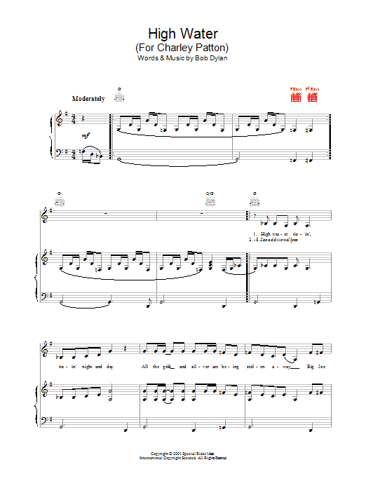 Bob Dylan High Water (For Charley Patton) Sheet Music Notes & Chords for Lyrics & Chords - Download or Print PDF