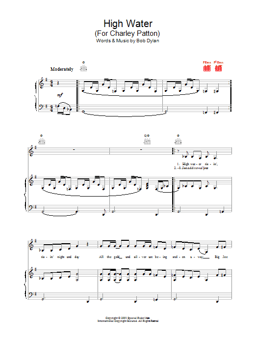 Bob Dylan High Water (For Charley Patton) sheet music notes and chords. Download Printable PDF.