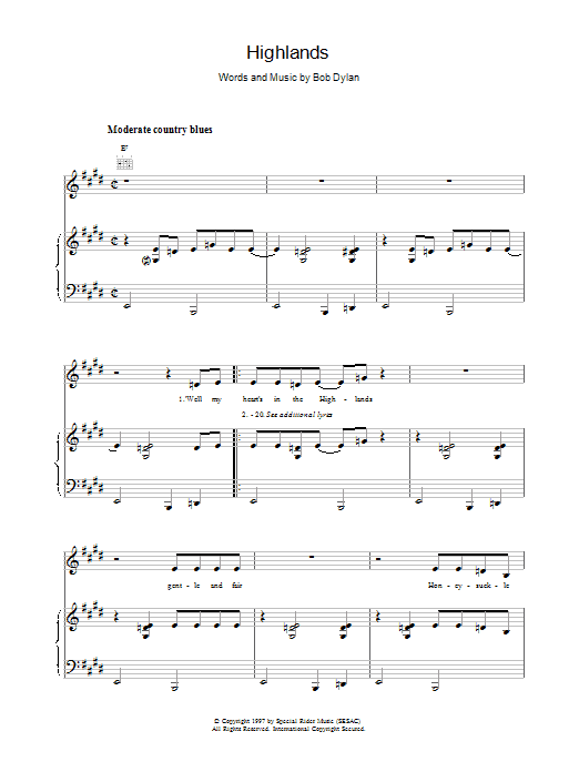 Bob Dylan Highlands Sheet Music Notes & Chords for Piano, Vocal & Guitar (Right-Hand Melody) - Download or Print PDF