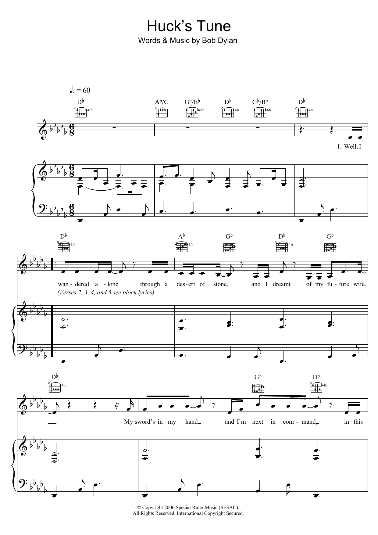 Bob Dylan Huck's Tune Sheet Music Notes & Chords for Piano, Vocal & Guitar - Download or Print PDF