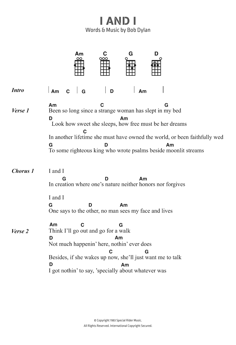 Bob Dylan I And I Sheet Music Notes & Chords for Ukulele Lyrics & Chords - Download or Print PDF