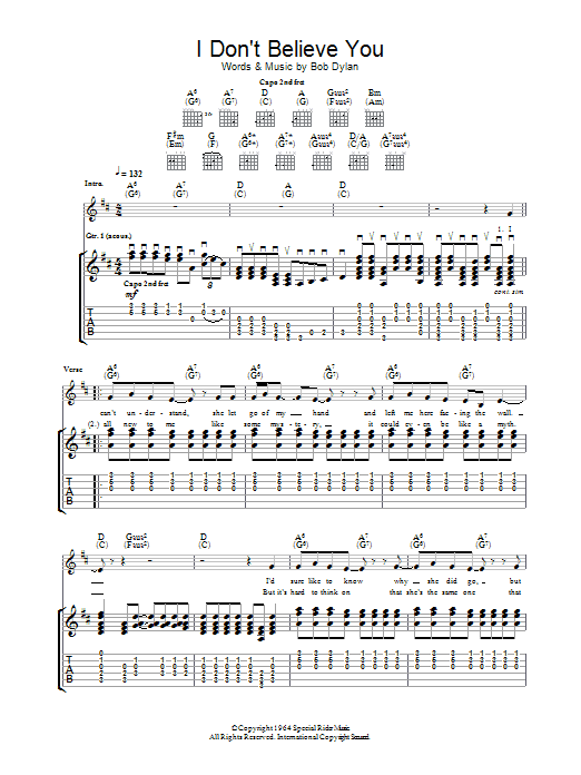 Bob Dylan I Don't Believe You Sheet Music Notes & Chords for Guitar Tab - Download or Print PDF