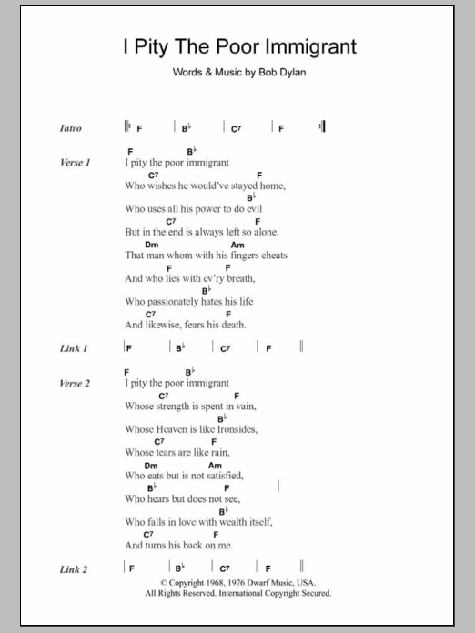 Bob Dylan I Pity The Poor Immigrant Sheet Music Notes & Chords for Lyrics & Chords - Download or Print PDF