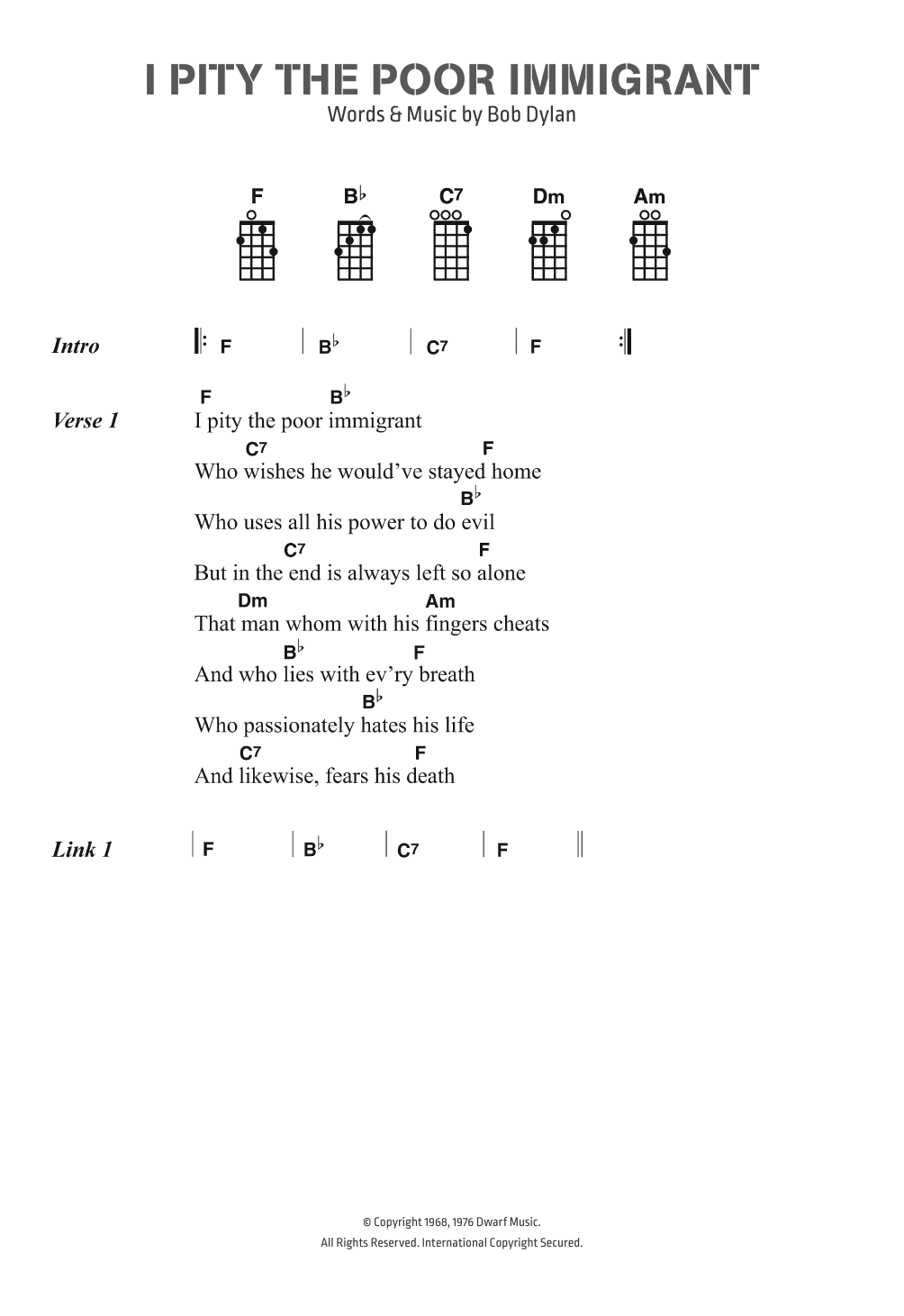 Bob Dylan I Pity The Poor Immigrant Sheet Music Notes & Chords for Lyrics & Chords - Download or Print PDF