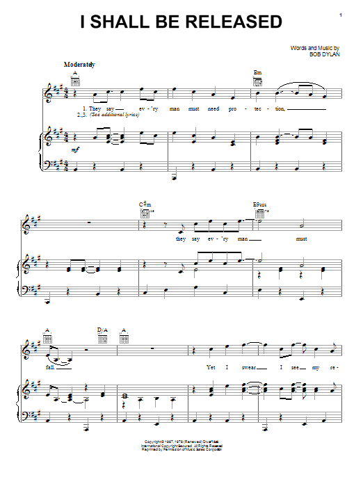 Bob Dylan I Shall Be Released (from the musical A Night With Janis Joplin) Sheet Music Notes & Chords for Piano, Vocal & Guitar (Right-Hand Melody) - Download or Print PDF