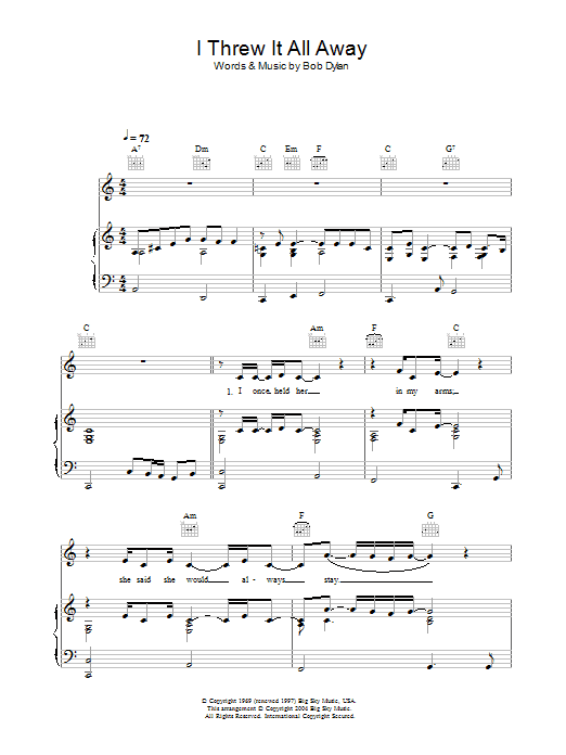 Bob Dylan I Threw It All Away Sheet Music Notes & Chords for Lyrics & Chords - Download or Print PDF