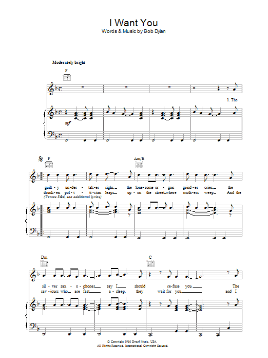 Bob Dylan I Want You Sheet Music Notes & Chords for Super Easy Piano - Download or Print PDF