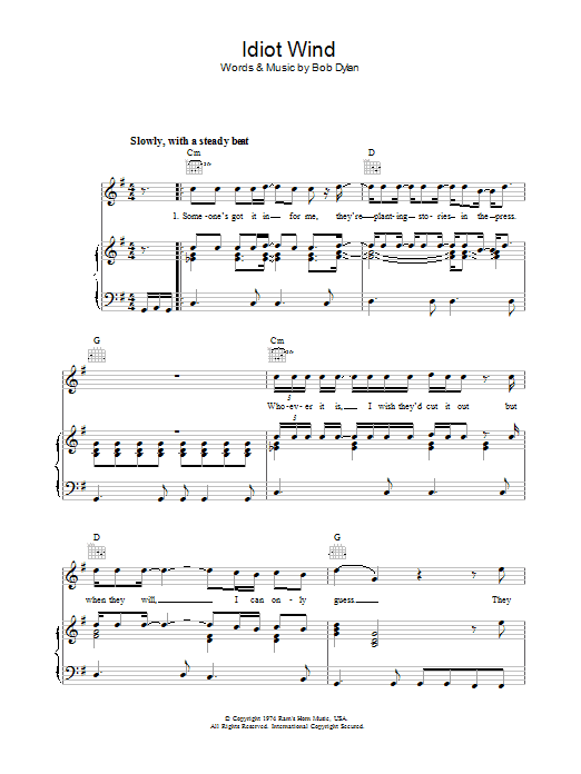 Bob Dylan Idiot Wind Sheet Music Notes & Chords for Piano, Vocal & Guitar (Right-Hand Melody) - Download or Print PDF