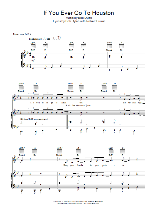 Bob Dylan If You Ever Go To Houston Sheet Music Notes & Chords for Piano, Vocal & Guitar (Right-Hand Melody) - Download or Print PDF