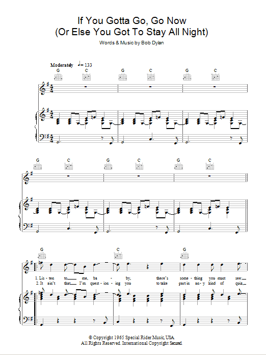 Bob Dylan If You Gotta Go, Go Now Sheet Music Notes & Chords for Piano, Vocal & Guitar (Right-Hand Melody) - Download or Print PDF