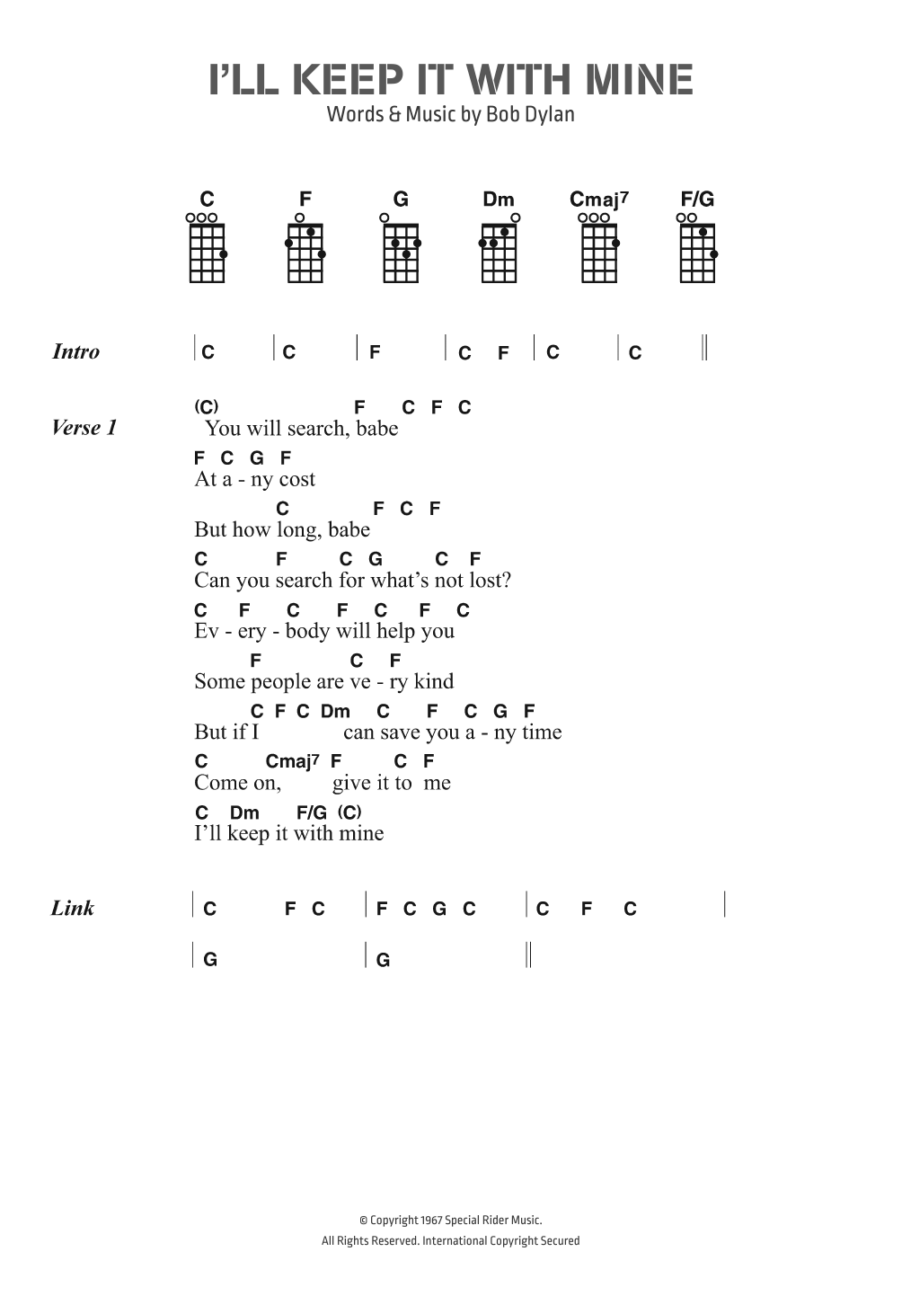 Bob Dylan I'll Keep It With Mine Sheet Music Notes & Chords for Ukulele Lyrics & Chords - Download or Print PDF