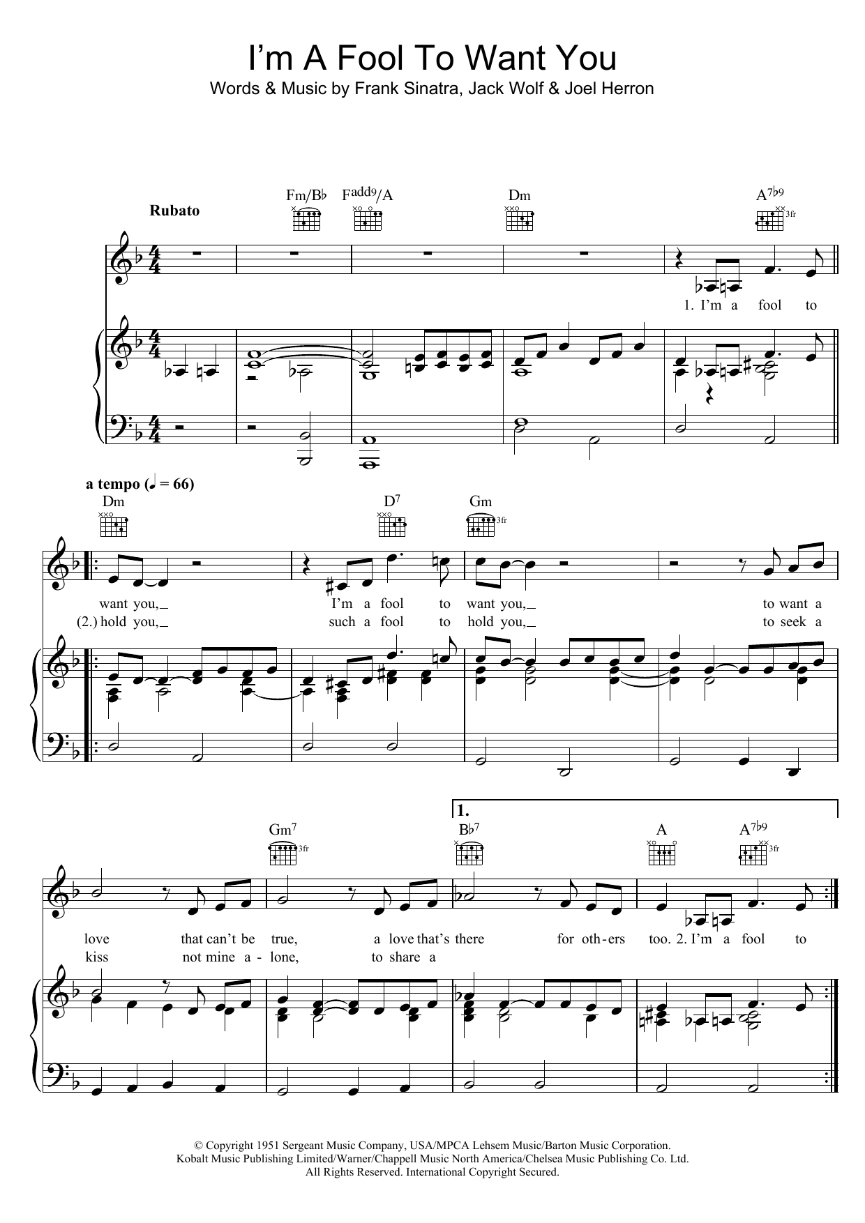 Bob Dylan I'm A Fool To Want You Sheet Music Notes & Chords for Piano, Vocal & Guitar (Right-Hand Melody) - Download or Print PDF
