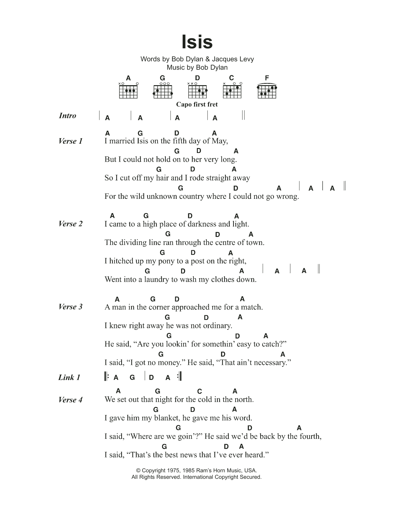 Bob Dylan Isis Sheet Music Notes & Chords for Lyrics & Chords - Download or Print PDF