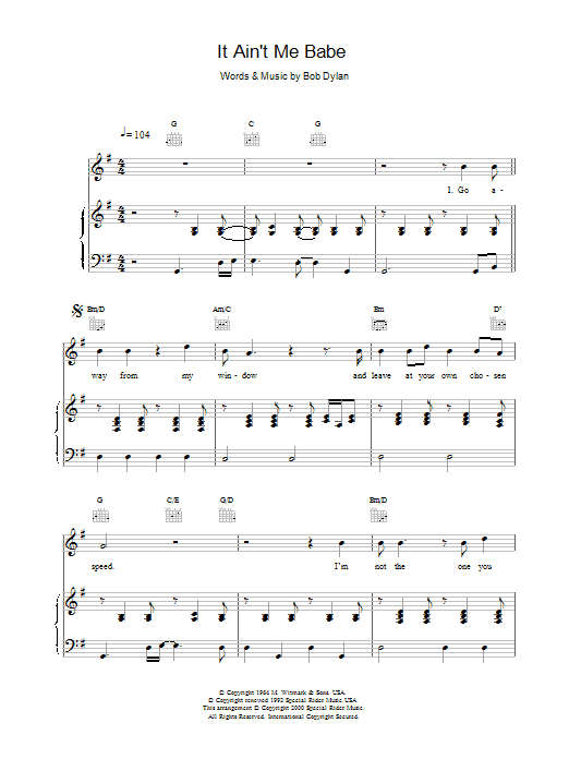 Bob Dylan It Ain't Me Babe Sheet Music Notes & Chords for Easy Guitar Tab - Download or Print PDF