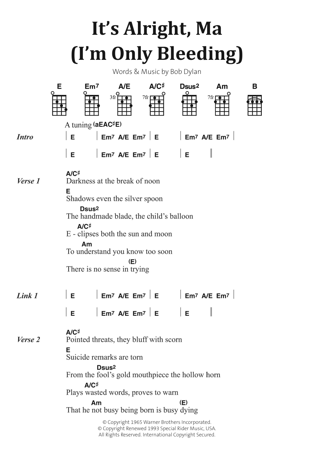 Bob Dylan It's Alright Ma (I'm Only Bleeding) Sheet Music Notes & Chords for Banjo Lyrics & Chords - Download or Print PDF