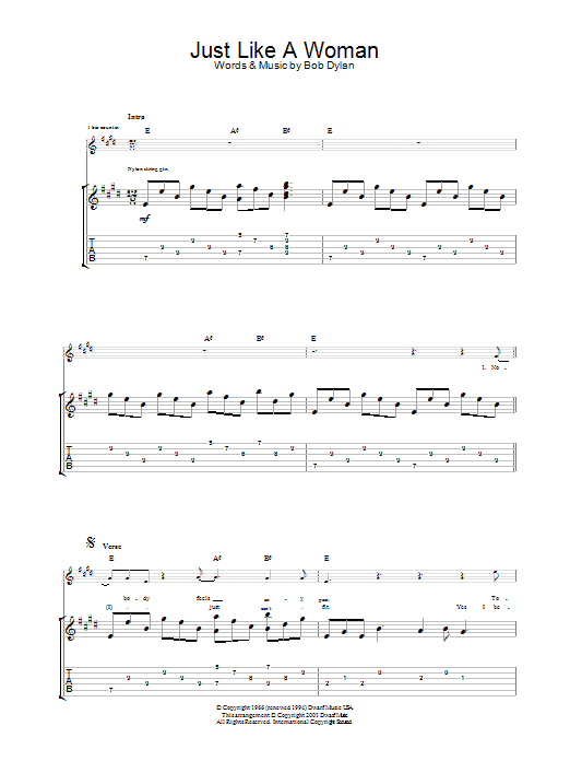 Bob Dylan Just Like A Woman Sheet Music Notes & Chords for Guitar Tab - Download or Print PDF