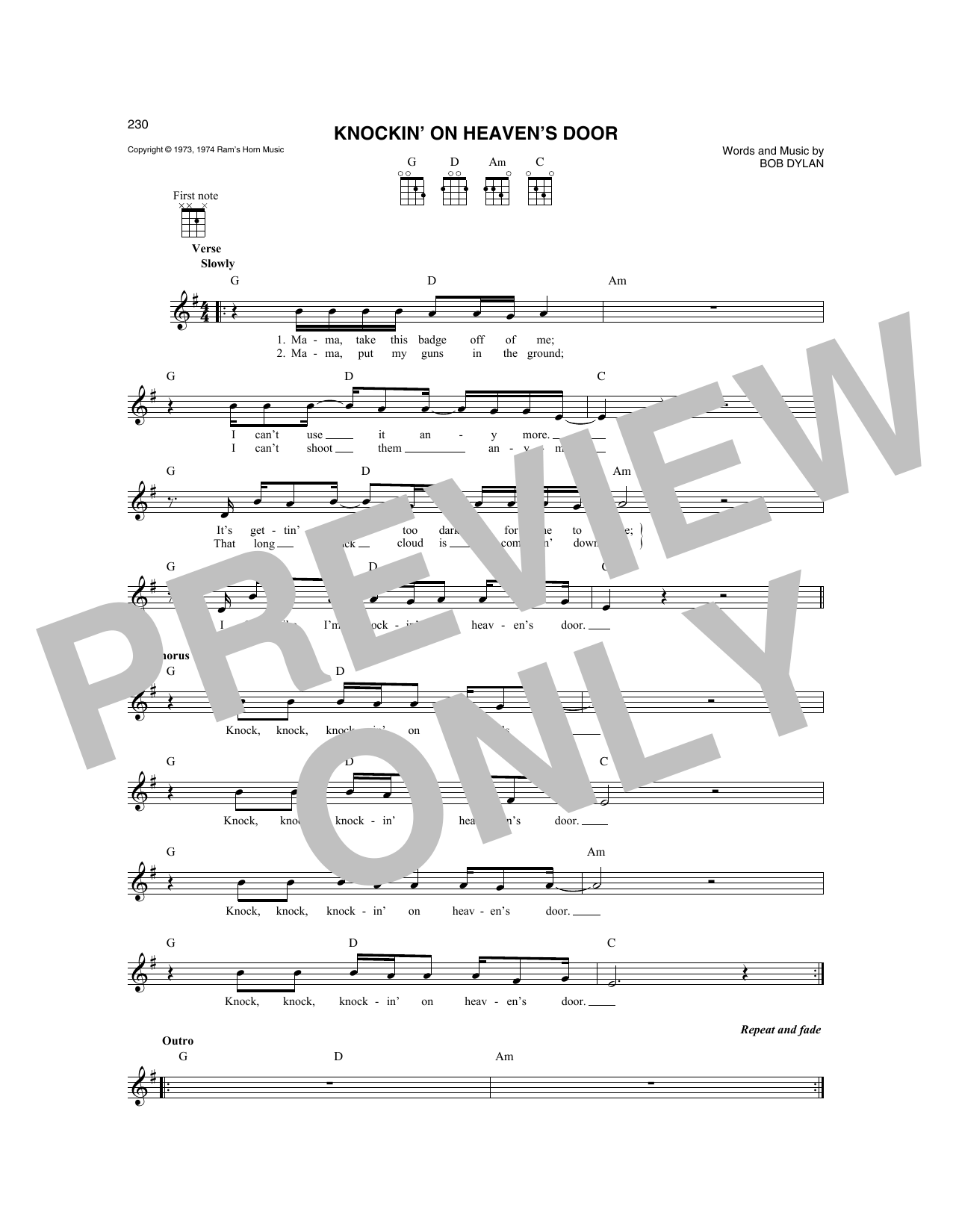 Bob Dylan Knockin' On Heaven's Door (from Pat Garrett And Billy The Kid) Sheet Music Notes & Chords for Mandolin - Download or Print PDF