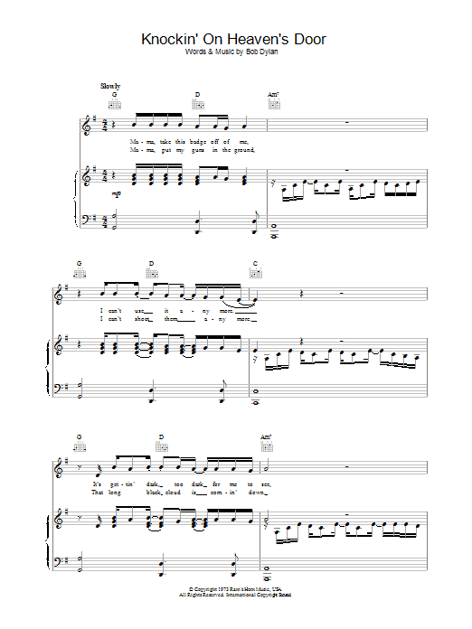 Bob Dylan Knockin' On Heaven's Door Sheet Music Notes & Chords for Guitar Tab - Download or Print PDF