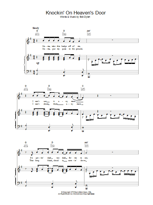 Bob Dylan Knockin' On Heaven's Door Sheet Music Notes & Chords for Piano & Vocal - Download or Print PDF
