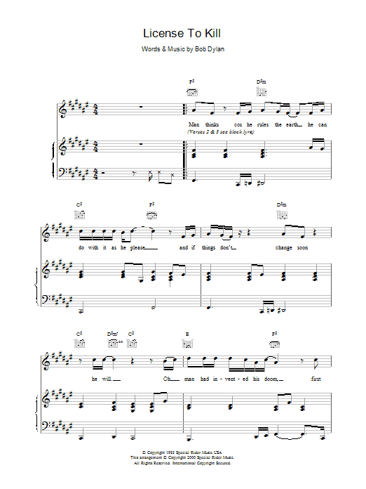 Bob Dylan Licence To Kill Sheet Music Notes & Chords for Piano, Vocal & Guitar - Download or Print PDF