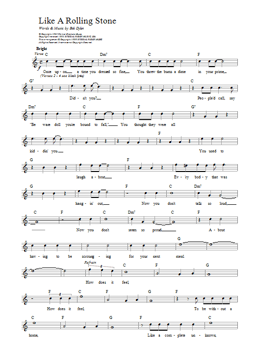 Bob Dylan Like A Rolling Stone Sheet Music Notes & Chords for Easy Guitar Tab - Download or Print PDF