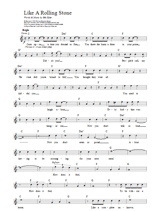 Bob Dylan Like A Rolling Stone Sheet Music Notes & Chords for Lyrics & Chords - Download or Print PDF