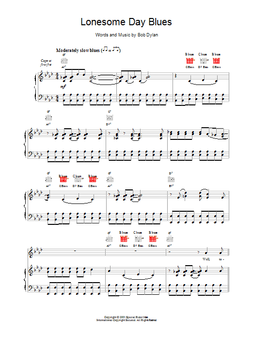 Bob Dylan Lonesome Day Blues Sheet Music Notes & Chords for Piano, Vocal & Guitar (Right-Hand Melody) - Download or Print PDF