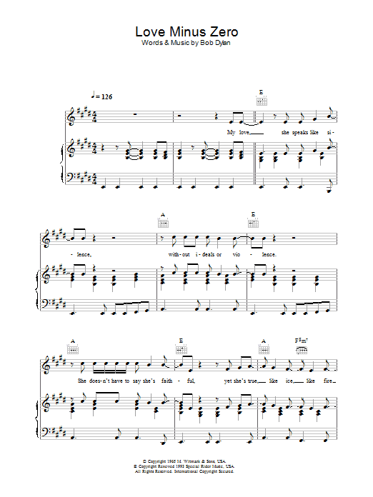 Bob Dylan Love Minus Zero/No Limit Sheet Music Notes & Chords for Lyrics & Chords - Download or Print PDF