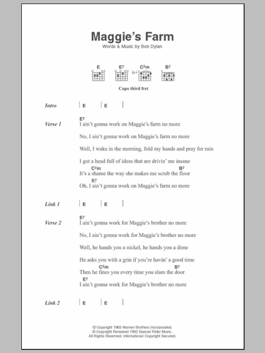Bob Dylan Maggie's Farm Sheet Music Notes & Chords for Ukulele Lyrics & Chords - Download or Print PDF