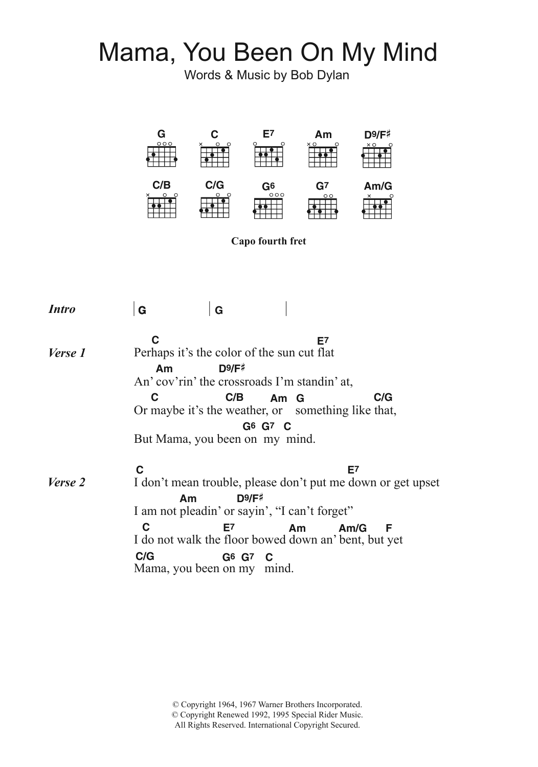 Bob Dylan Mama, You Been On My Mind Sheet Music Notes & Chords for Ukulele Lyrics & Chords - Download or Print PDF