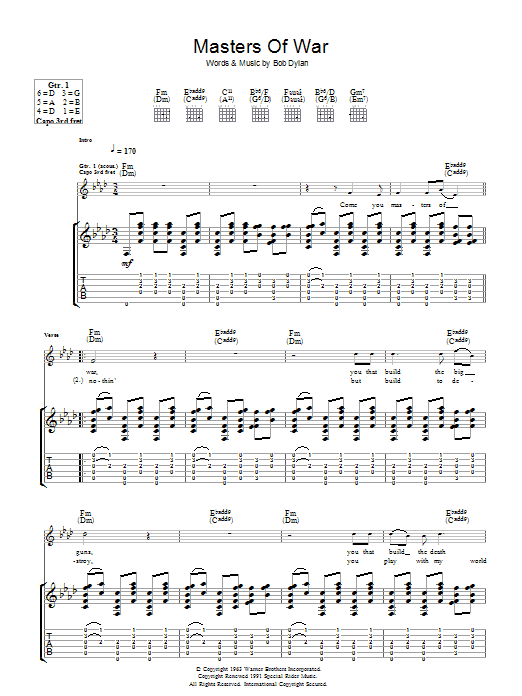 Bob Dylan Masters Of War Sheet Music Notes & Chords for Piano, Vocal & Guitar (Right-Hand Melody) - Download or Print PDF
