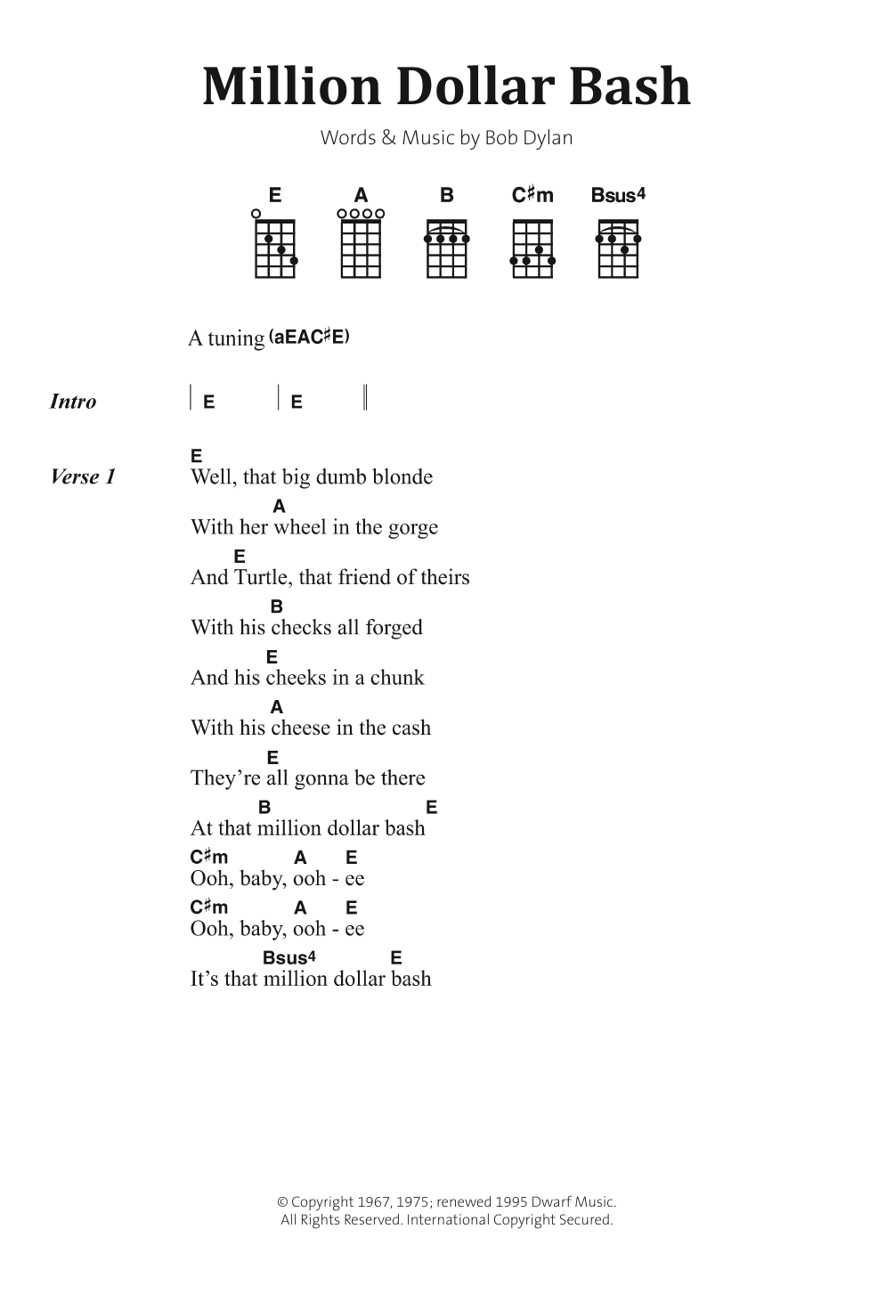 Bob Dylan Million Dollar Bash Sheet Music Notes & Chords for Banjo Lyrics & Chords - Download or Print PDF