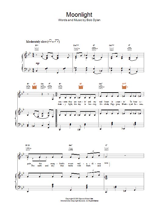 Bob Dylan Moonlight Sheet Music Notes & Chords for Piano, Vocal & Guitar (Right-Hand Melody) - Download or Print PDF