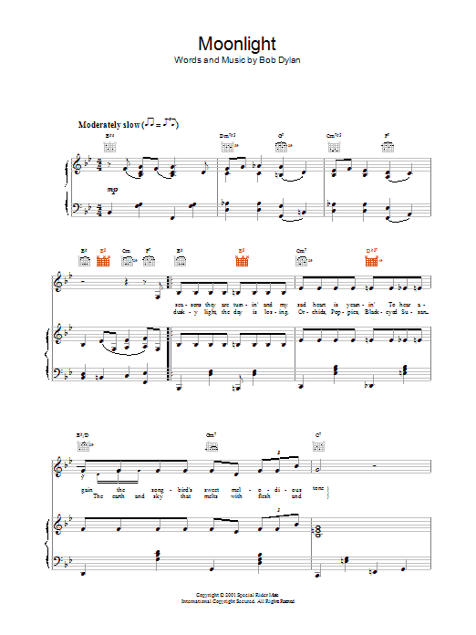 Bob Dylan Moonlight sheet music notes and chords. Download Printable PDF.