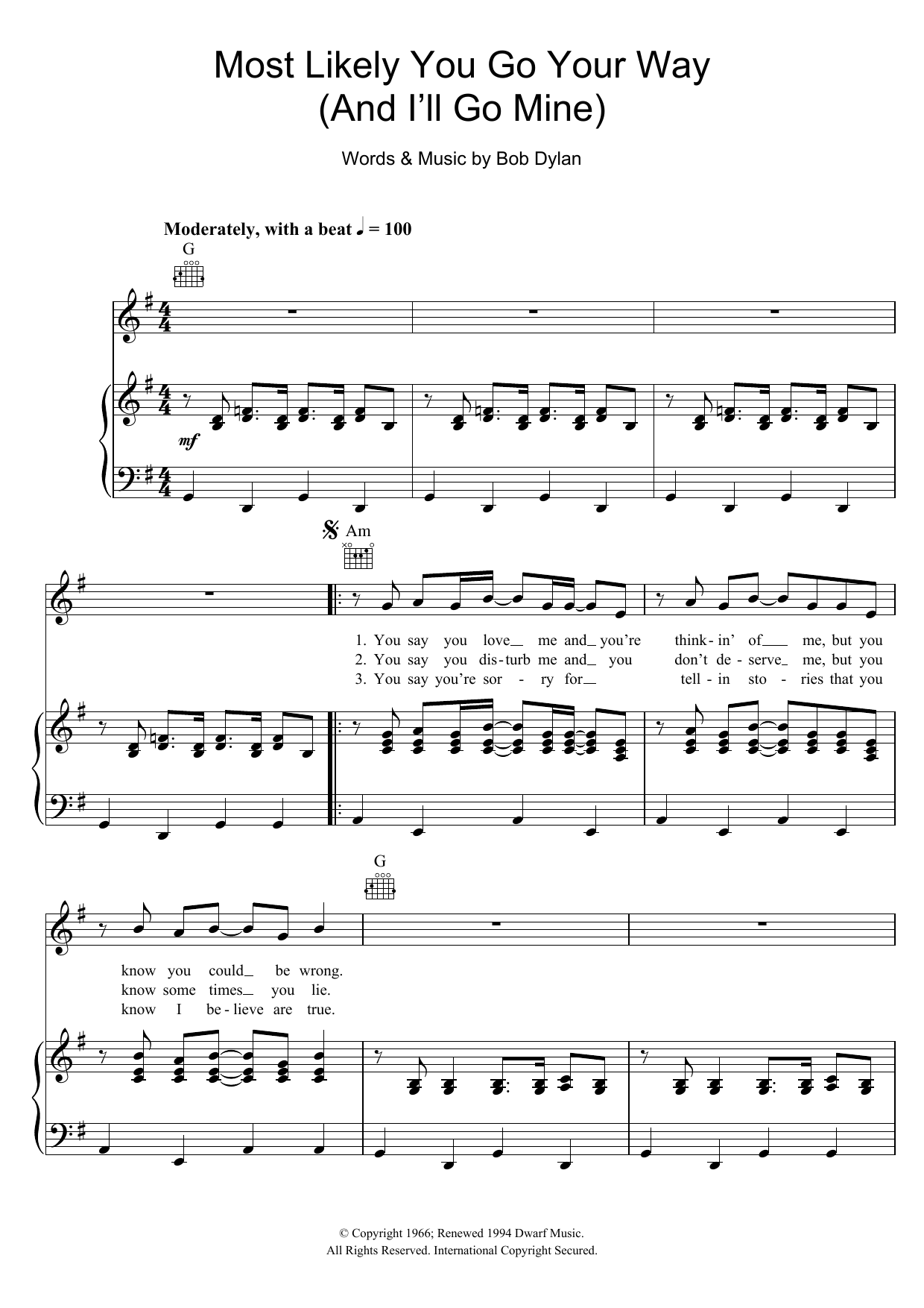 Bob Dylan Most Likely You Go Your Way (And I'll Go Mine) Sheet Music Notes & Chords for Piano, Vocal & Guitar (Right-Hand Melody) - Download or Print PDF