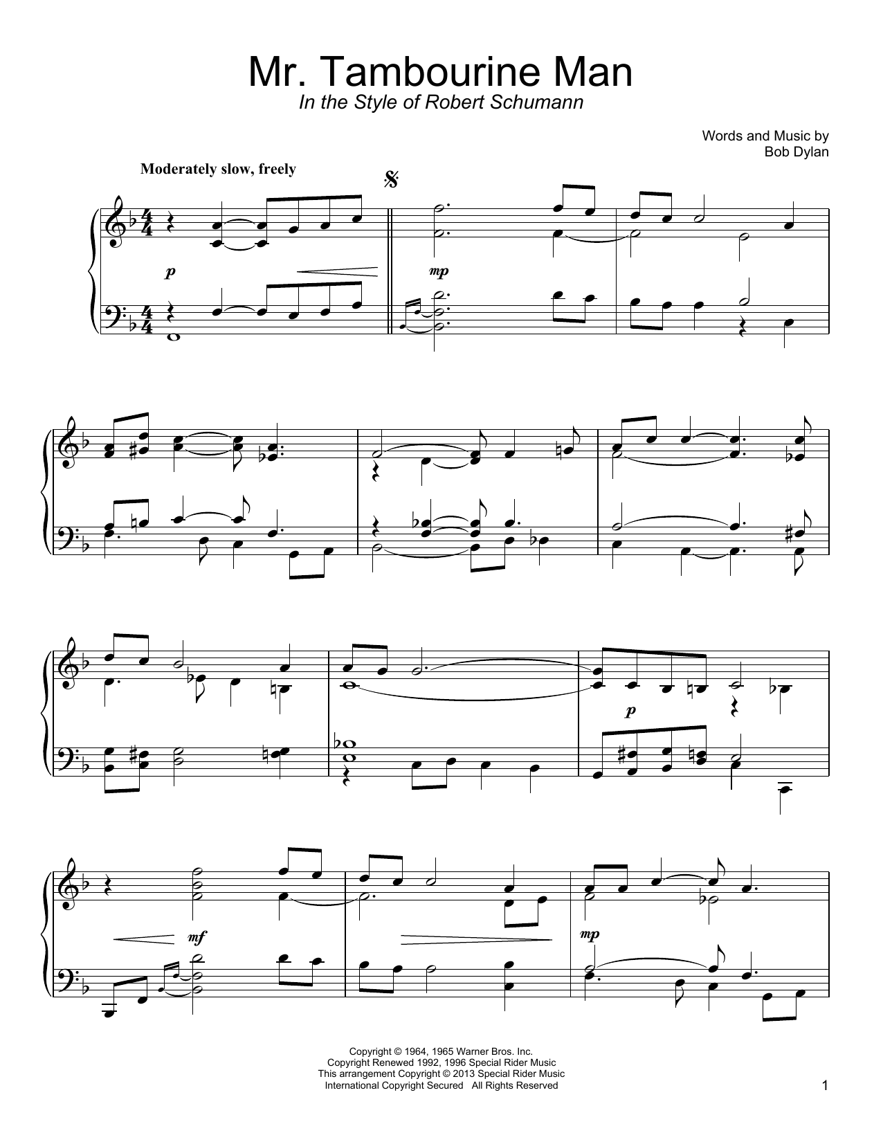 Bob Dylan Mr. Tambourine Man Sheet Music Notes & Chords for Piano - Download or Print PDF