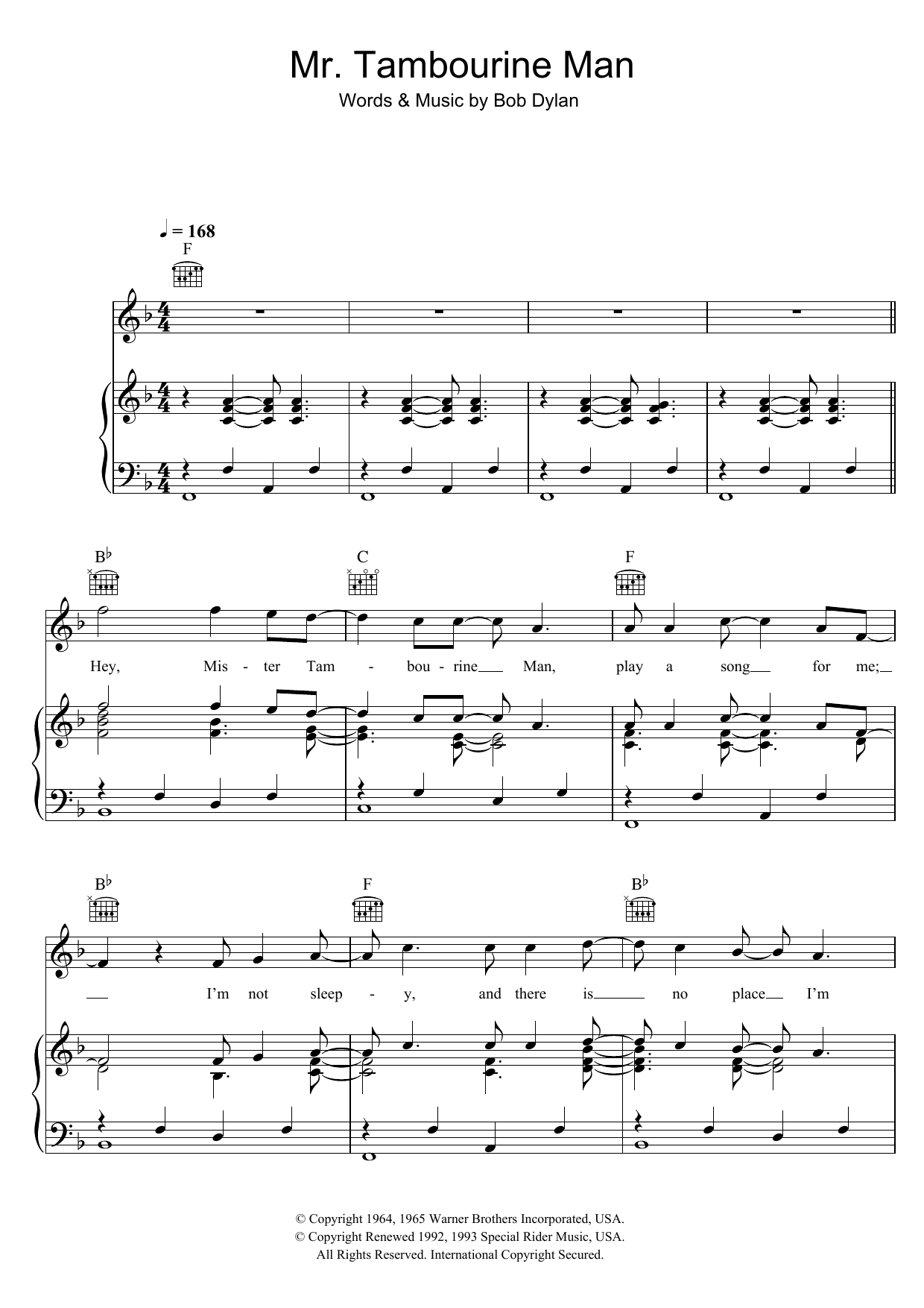 Bob Dylan Mr. Tambourine Man Sheet Music Notes & Chords for Melody Line, Lyrics & Chords - Download or Print PDF