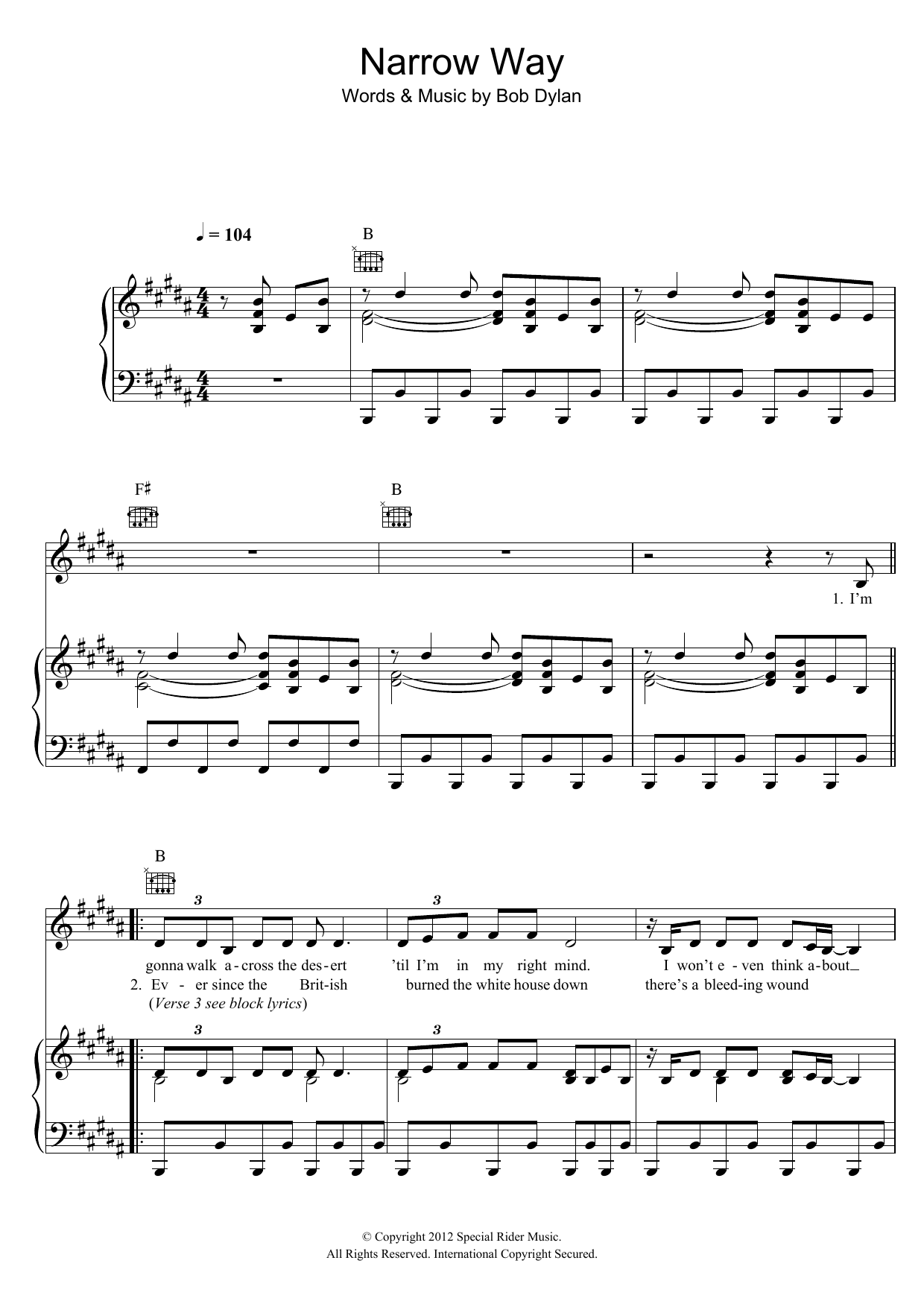 Bob Dylan Narrow Way Sheet Music Notes & Chords for Piano, Vocal & Guitar (Right-Hand Melody) - Download or Print PDF