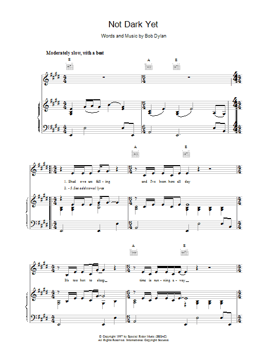 Bob Dylan Not Dark Yet Sheet Music Notes & Chords for Piano, Vocal & Guitar (Right-Hand Melody) - Download or Print PDF