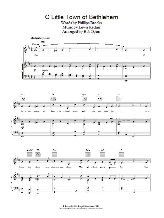 Bob Dylan O Little Town Of Bethlehem Sheet Music Notes & Chords for Piano, Vocal & Guitar (Right-Hand Melody) - Download or Print PDF