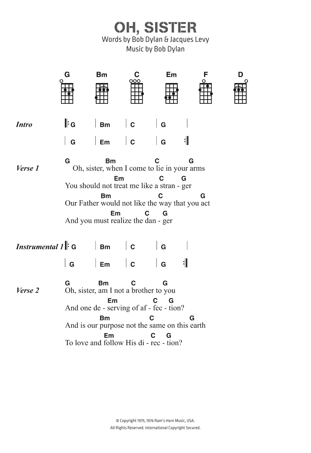 Bob Dylan Oh, Sister Sheet Music Notes & Chords for Ukulele Lyrics & Chords - Download or Print PDF