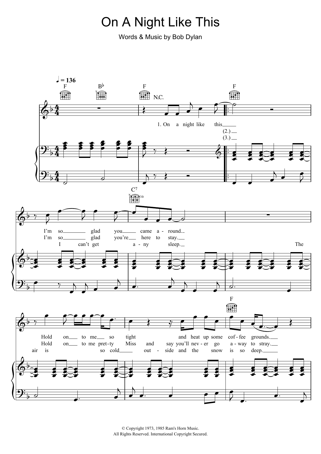 Bob Dylan On A Night Like This Sheet Music Notes & Chords for Piano, Vocal & Guitar (Right-Hand Melody) - Download or Print PDF