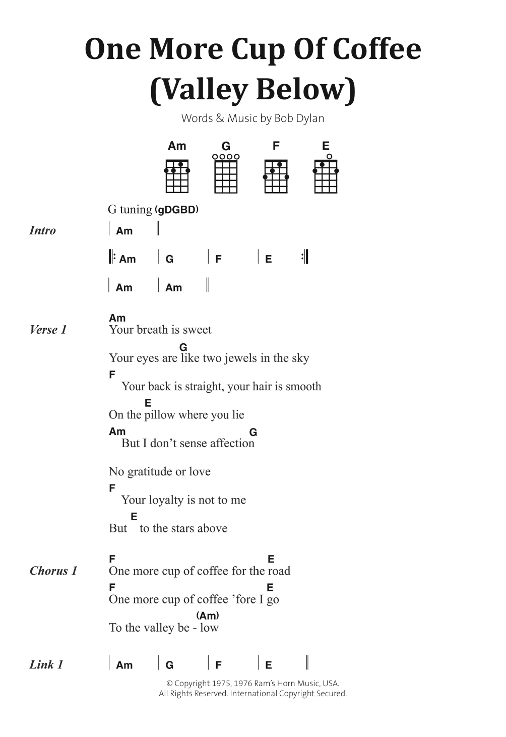 Bob Dylan One More Cup Of Coffee (Valley Below) Sheet Music Notes & Chords for Ukulele Lyrics & Chords - Download or Print PDF