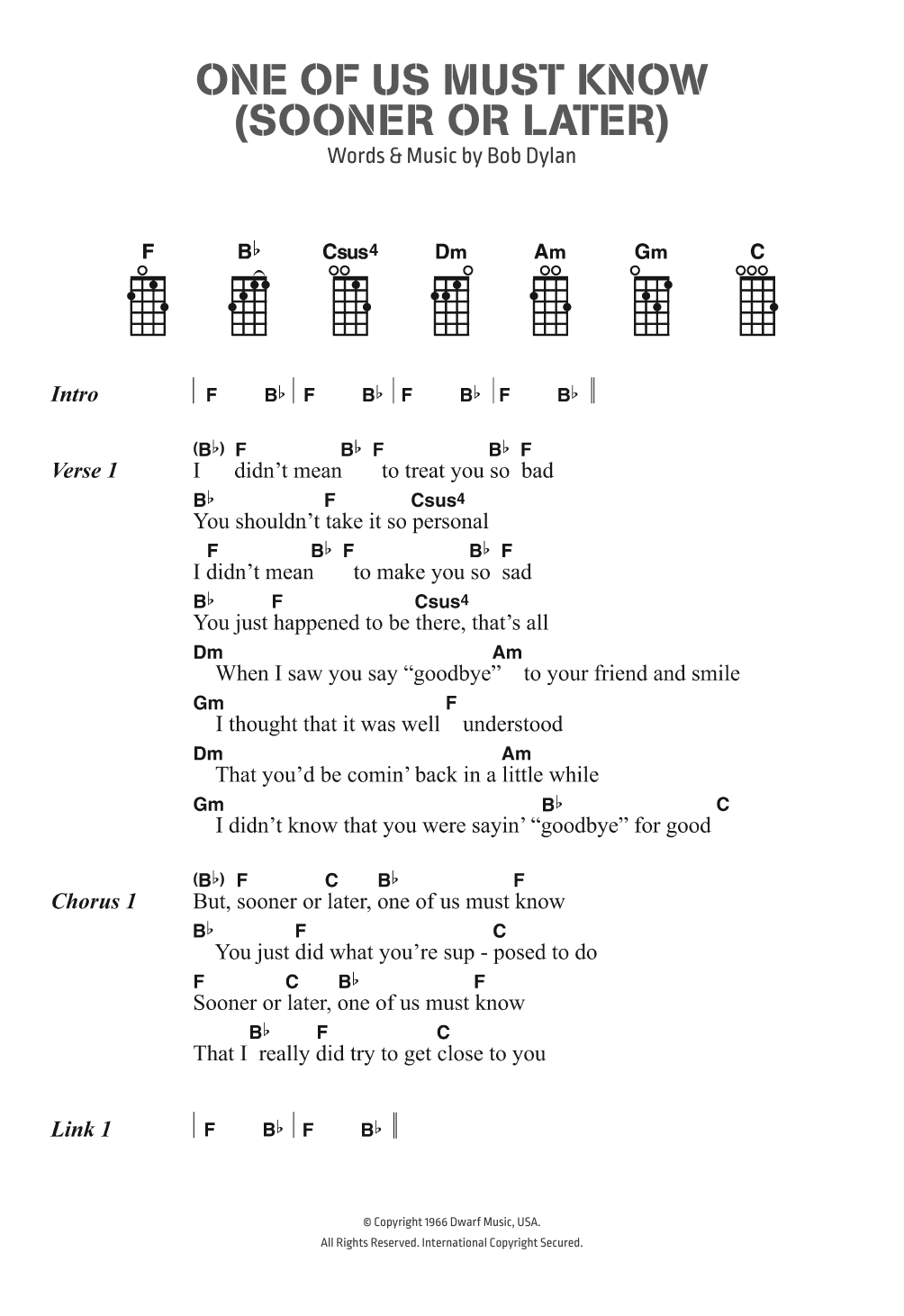 Bob Dylan One Of Us Must Know (Sooner Or Later) Sheet Music Notes & Chords for Ukulele Lyrics & Chords - Download or Print PDF